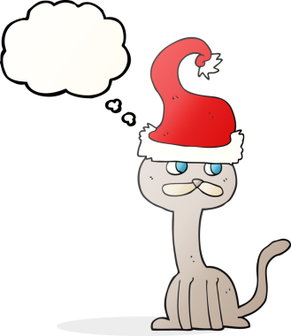 Bir insan tarafından çizilmiş Noel şapkası giyen serbest çizim baloncuk çizgi film kedisi.