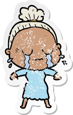 Bir insan tarafından çizilmiş, ağlayan yaşlı bir kadın karikatürü.