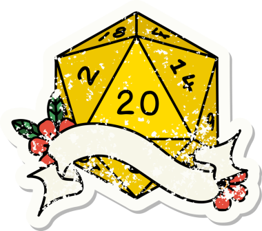 Bir insan tarafından çizilmiş 20 D20 zarının grunge çıkartması.