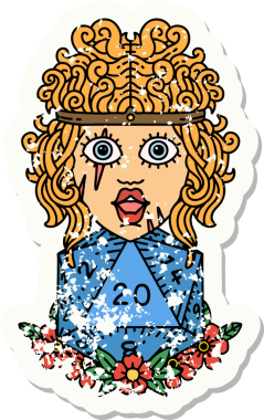 Bir insan tarafından çizilmiş doğal yirmi zarlı insan barbarının grunge sticker 'ı.