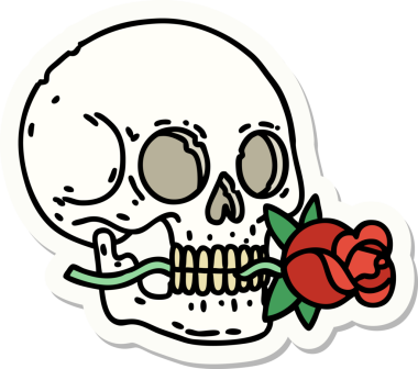 Geleneksel kafatası stili dövme çıkartması ve bir insan tarafından çizilmiş gül.