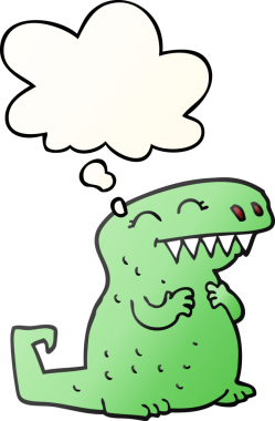 Düşünce baloncuklu çizgi film dinozoru, bir insan tarafından çizilmiş düzgün eğimli stil.