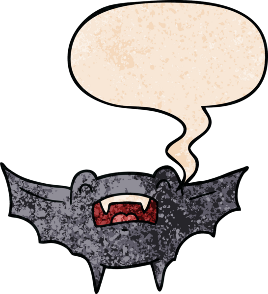 Bir insan tarafından çizilmiş eski tarz konuşma baloncuklu vampir yarasa çizgi filmi.