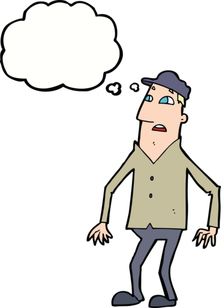 Bir insan tarafından çizilen düşünce baloncuğuyla şok olmuş bir adam.