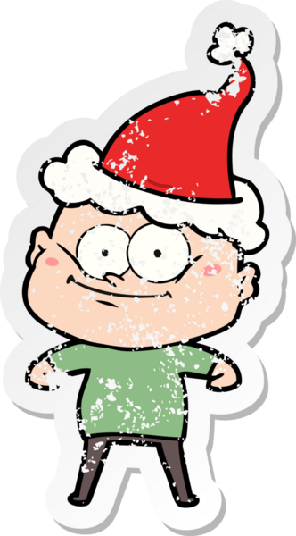 Bir insan tarafından çizilmiş Noel Baba şapkası giymiş kel bir adamın çizilmiş el yazısı.