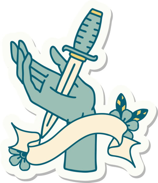 Bir insan tarafından çizilmiş eline hançer işareti olan dövme stili çıkartması.