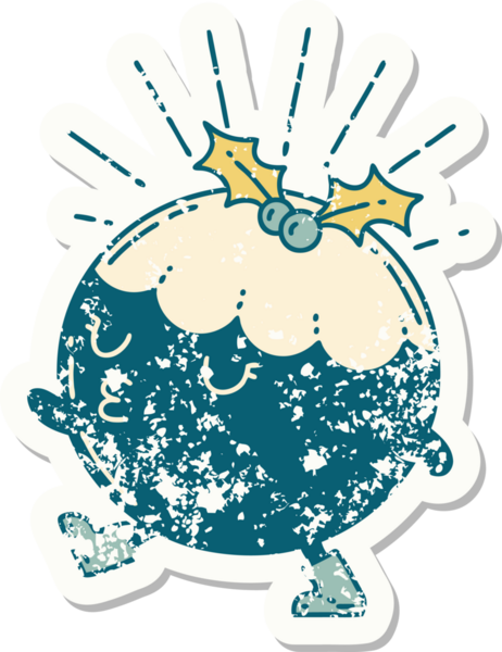 Bir insan tarafından çizilmiş dövme stili puding karakterinin eski bir çıkartması.