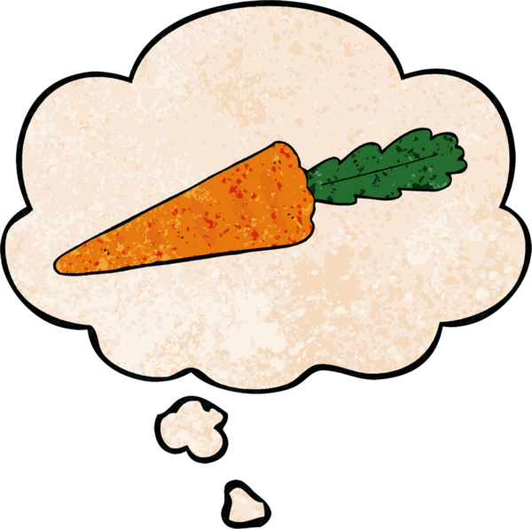 Düşünce baloncuklu çizgi film havucu. Bir insan tarafından çizilmiş grunge desen tarzı.