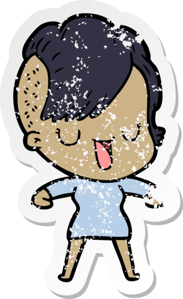 Hipster saç kesimi bir insan tarafından çizilmiş tatlı bir çizgi film kızına ait sıkıntılı bir etiket.