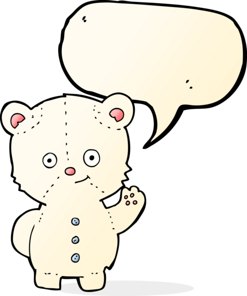 Bir insan tarafından çizilmiş konuşma balonlu kutup ayısı yavrusunu sallayan çizgi film.