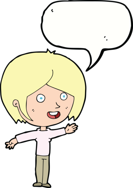 Bir insan tarafından çizilmiş konuşma balonuyla el sallayan mutlu bir kız.