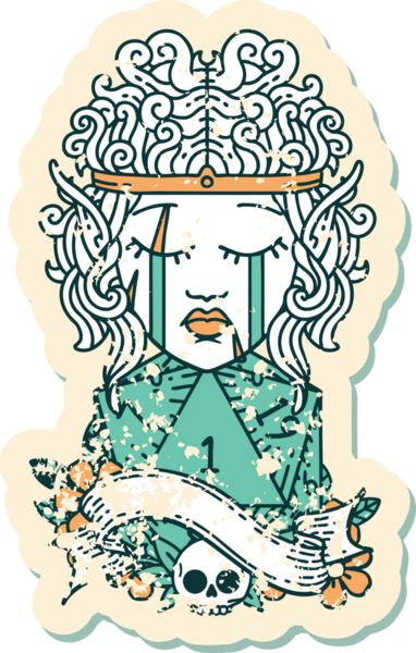 Retro Dövme Tarzı Ağlayan Elf Barbar Karakteri Bir D20 rulosu Bir insan tarafından çizilmiş