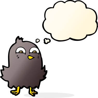 Bir insan tarafından çizilmiş düşünce baloncuklu komik çizgi film kuşu.