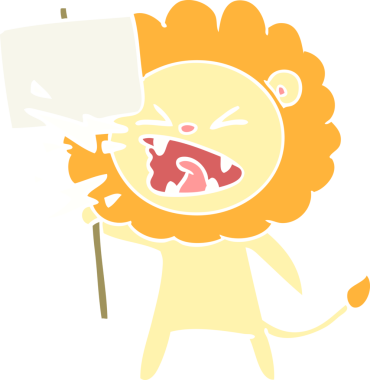 Düz renkli çizgi film kükreyen aslan protestocusu bir insan tarafından çizilmiş.