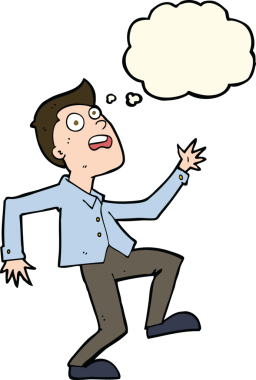 Bir insan tarafından çizilen düşünce baloncuğuyla panikleyen çizgi film adamı.