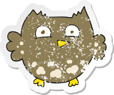 Bir insan tarafından çizilmiş küçük bir baykuşun gerilmiş çıkartması.