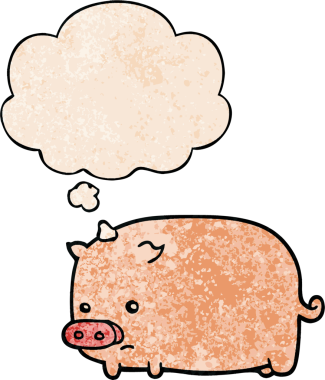 Düşünce baloncuğu olan sevimli çizgi film domuzu. Bir insan tarafından çizilmiş grunge desen tarzı.