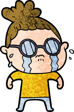 Bir insan tarafından çizilmiş gözlüklü, ağlayan bir kadın.