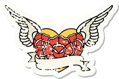 Geleneksel bir stil olan, çiçek ve pankart çizilmiş uçan kalp dövmesi.