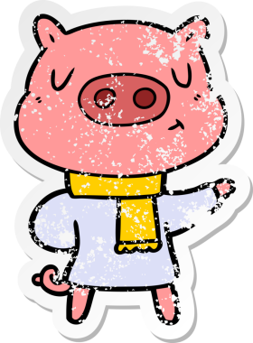 Bir insan tarafından çizilmiş kışın giydirilmiş karikatür içerikli domuz etiketi.