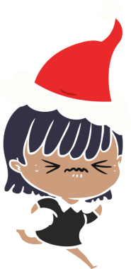 Bir insan tarafından çizilmiş Noel Baba şapkası giymiş bir kızın çizilmiş düz renk çizimi.