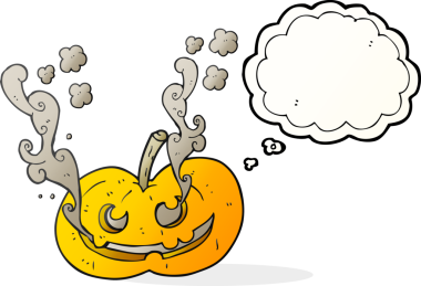 Serbest çizim düşünce baloncuğu karikatürü Cadılar Bayramı balkabağı bir insan tarafından çizildi