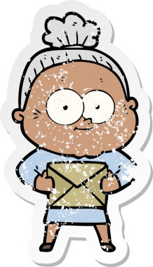 Bir insan tarafından çizilmiş mutlu, yaşlı bir kadının sıkıntılı çıkartması.