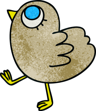 Bir insan tarafından çizilmiş tuhaf bir çizgi film sarı kuş.