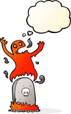 Bir insan tarafından çizilmiş düşünce baloncuğuyla mezardan yükselen karikatür hayaleti