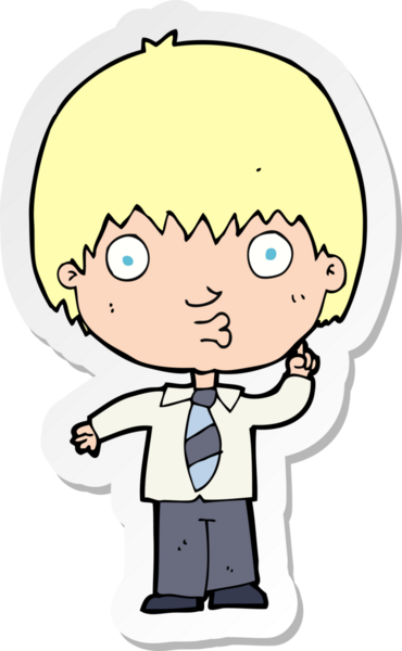 Bir insan tarafından çizilen soruyu cevaplayan karikatür okullu bir çocuğun çıkartması.