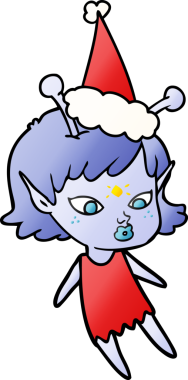 Bir insan tarafından çizilmiş Noel Baba şapkası giyen bir uzaylı kızın çizilmiş güzel el çizimi karikatürü.