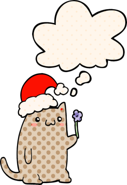 Çizgi roman tarzında bir insan tarafından çizilmiş düşünce baloncuğu olan şirin bir çizgi roman kedisi.