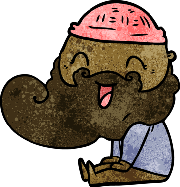 Mutlu sakallı adam oturmuş bir insan tarafından çizilmiş kahkahalara gülüyordu.