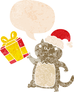 Hoş bir çizgi film kedisi ve grunge içinde konuşma baloncuğu insan tarafından çizilmiş kederli retro dokuma tarzı