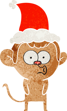 Bir insan tarafından çizilmiş Noel Baba şapkası giyen bir maymunun el çizimi karikatürü