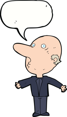 Bir insan tarafından çizilmiş konuşma balonuyla kafası karışmış orta yaşlı bir adam.