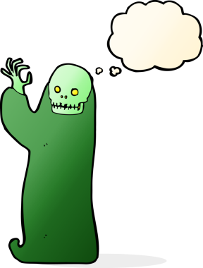 Bir insan tarafından çizilmiş düşünce baloncuğuyla cadılar bayramı hortlağını sallayan çizgi film.