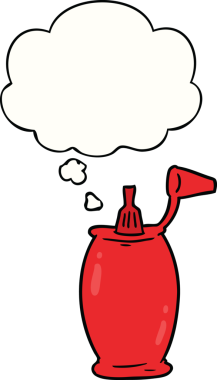 Bir insan tarafından çizilmiş düşünce baloncuklu ketçap şişesi.