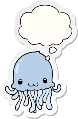 Düşünce baloncuklu çizgi film denizanası insan tarafından çizilmiş bir çıkartma.