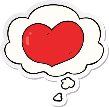 İnsan tarafından çizilmiş bir çıkartma gibi düşünce baloncuklu karikatür kalbi.