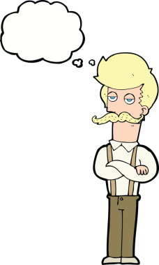 Bir insan tarafından çizilmiş konuşma balonlu bıyıklı bir çizgi film adamı.