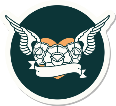 Geleneksel bir dövme stili. Uçan kalp. Çiçekler ve bir insan tarafından çizilmiş bayrak.