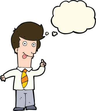 Bir insan tarafından çizilmiş düşünce baloncuğuyla çılgın bir fikri olan bir ofis adamı.