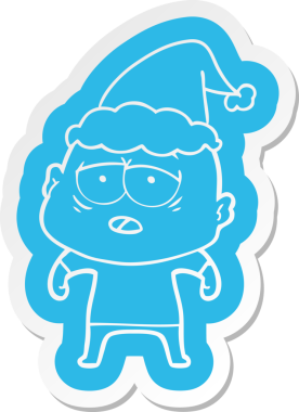 Bir insan tarafından çizilmiş Noel Baba şapkası giyen yorgun kel bir adamın garip çizgi film etiketi.