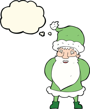 Bir insan tarafından çizilmiş düşünce baloncuklu Noel Baba çizgi filmi.