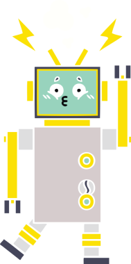 Bir insan tarafından çizilmiş düz renkli bir robot karikatürü