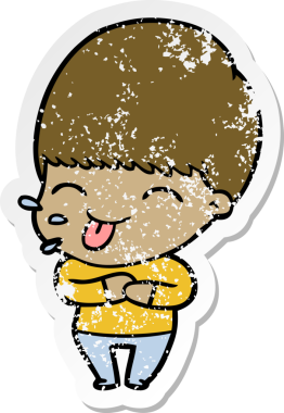 Bir insan tarafından çizilmiş dili çıkmış bir çizgi film çocuğunun sıkıntılı çıkartması.