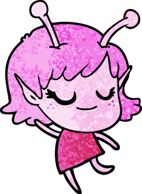 Bir insan tarafından çizilmiş gülümseyen uzaylı kız çizgi filmi.