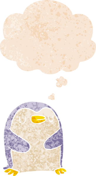 Düşünce baloncuğu olan karikatür pengueni bir insan tarafından çizilmiş dertli retro desenli.