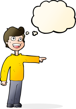 Çizgi filmci bir insan tarafından çizilmiş düşünce balonuyla gülüyor ve işaret ediyor.